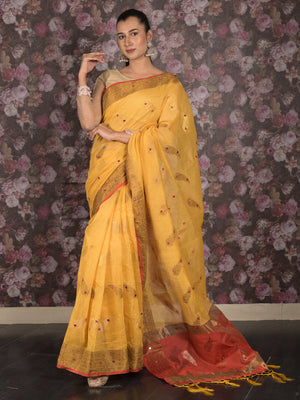 Rajwada Yellow Woven Cotton Silk Blend Saree With Unstitched Blouse For Women