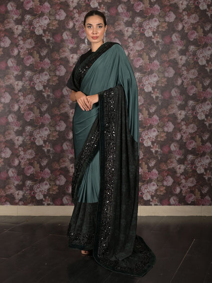 Rajwada Dark Green Sequins Embroidered Lycra Saree for Women