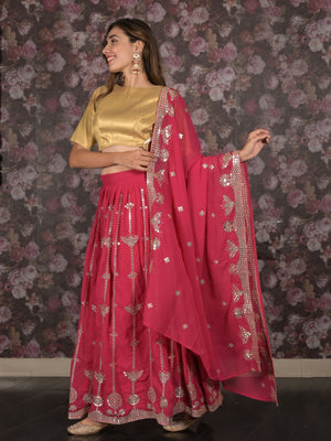 Rajwada Magenta Sequins Embroidered Semi-Stitched Georgette Lehenga with Unstitched Blouse for Women