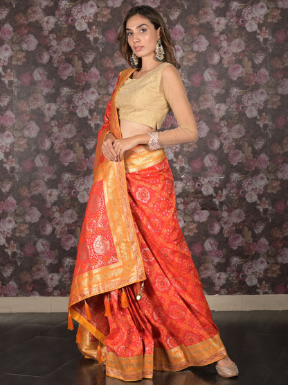 Rajwada Red Woven Heavy Silk Blend Saree With Unstitched Blouse For Women