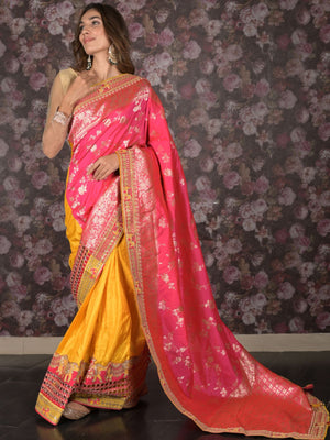 Rajwada Pink Silk Blend Embroidered Woven Saree with Unstitched Blouse for Women