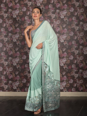 Rajwada Sea Green Embellished Lycra Saree with Unstitched Blouse for Women
