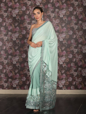Rajwada Sea Green Embellished Lycra Saree with Unstitched Blouse for Women