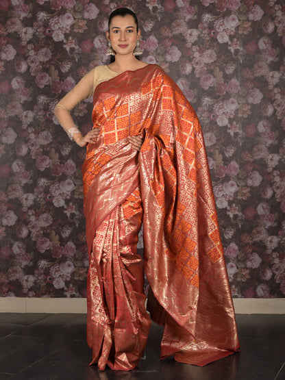 Rajwada Maroon Silk Blend Woven Saree with Unstitched Blouse for Women