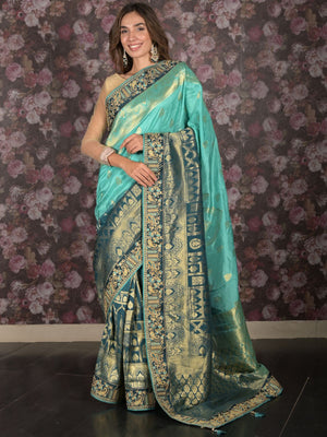 Rajwada Teal Embroidered Silk Blend Saree with Unstitched Blouse for Women