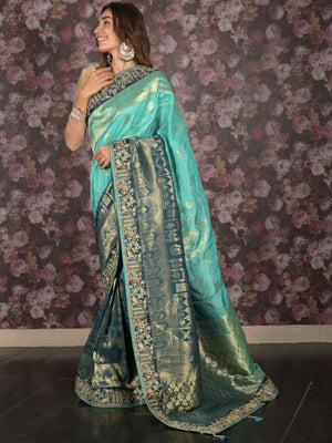 Rajwada Teal Embroidered Silk Blend Saree with Unstitched Blouse for Women
