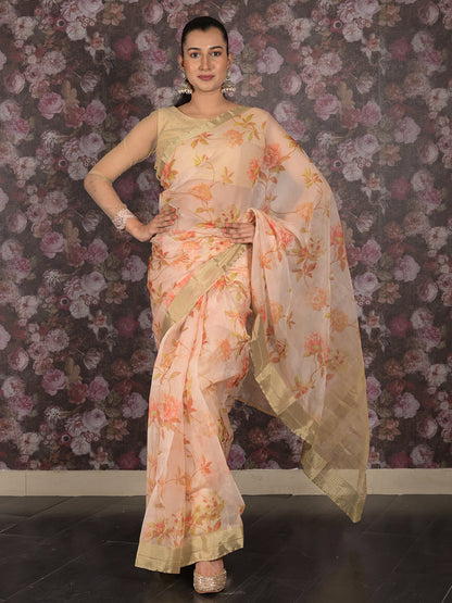 Rajwada Off White Printed Organza Saree