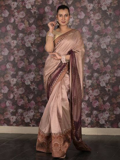 Rajwada Beige Woven Cotton Silk Blend Saree With Unstitched Blouse For Women