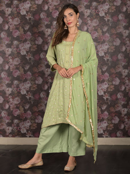 Rajwada Light Green Sequins Embroidered Cotton Stitched Kurta Set for Women