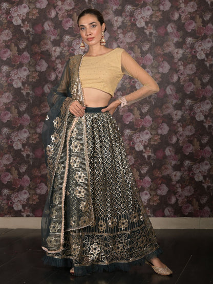 Rajwada Dark Green Semi Stitched Sequins Embroidered Net Lehenga with Unstitched Blouse And Dupatta For Women
