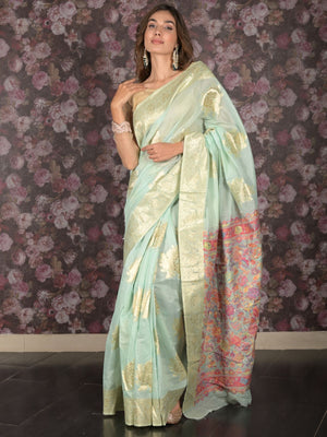 Rajwada Sea Green Floral Woven Cotton Blend Saree with Unstitched Blouse for Women