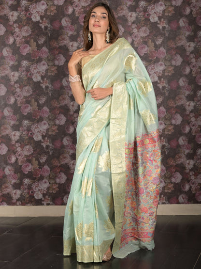 Rajwada Sea Green Floral Woven Cotton Blend Saree with Unstitched Blouse for Women