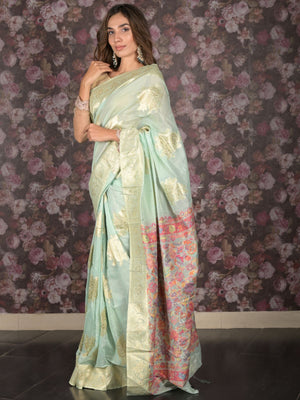 Rajwada Sea Green Floral Woven Cotton Blend Saree with Unstitched Blouse for Women