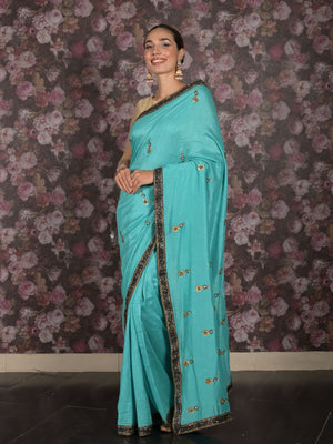 Rajwada Sea Green Embellished Tissue Silk Saree with Unstitched Blouse for Women