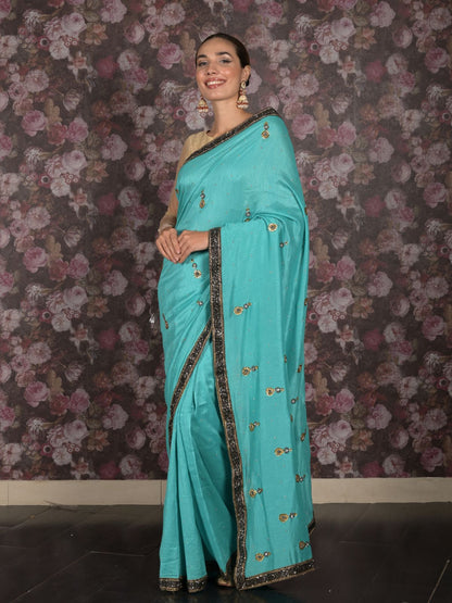 Rajwada Sea Green Embellished Tissue Silk Saree with Unstitched Blouse for Women
