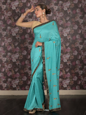Rajwada Sea Green Embellished Tissue Silk Saree with Unstitched Blouse for Women