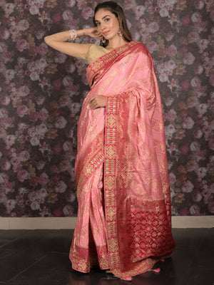 Rajwada Pink Embroidered Silk Blend Saree with Unstitched Blouse for Women