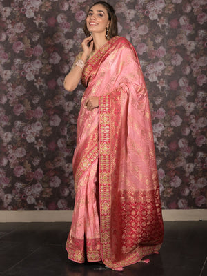 Rajwada Pink Embroidered Silk Blend Saree with Unstitched Blouse for Women