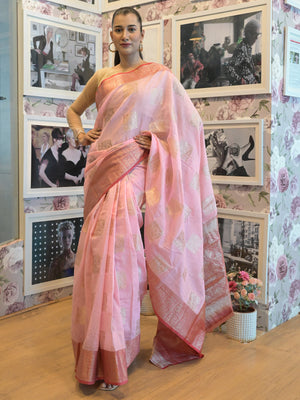 Rajwada Pink Cotton Blend Woven Saree with Unstitched Blouse for Women
