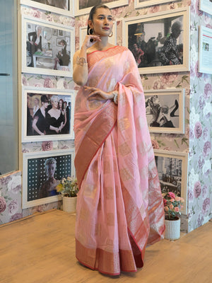Rajwada Pink Cotton Blend Woven Saree with Unstitched Blouse for Women