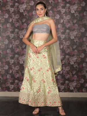 Rajwada Light Green Embroidered Semi Stitched Lehenga with Unstitched Blouse And Dupatta For Women