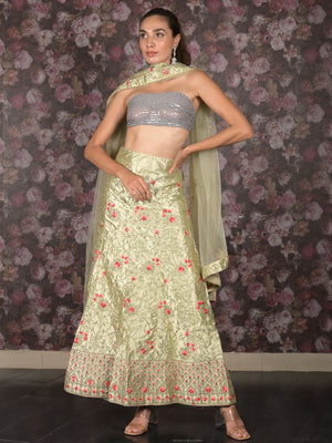 Rajwada Light Green Embroidered Semi Stitched Lehenga with Unstitched Blouse And Dupatta For Women