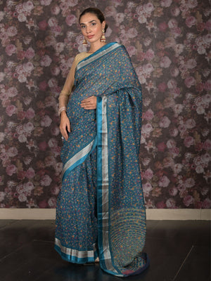 Rajwada Teal Printed Polyester Saree With Unstitched Blouse For Women