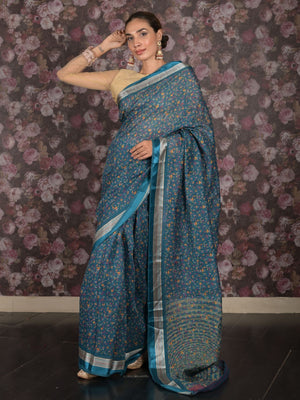 Rajwada Teal Printed Polyester Saree With Unstitched Blouse For Women