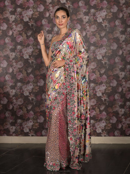 Rajwada Beige Shimmer Floral Printed Embellished Lycra Saree with Unstitched Blouse for Women