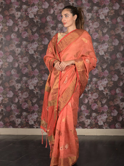 Rajwada Peach Woven Cotton Silk Blend Saree With Unstitched Blouse For Women