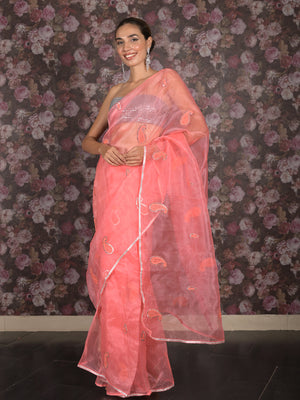 Rajwada Pink Organza Embroidered Saree With Unstitched Blouse For Women
