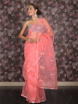 Rajwada Pink Organza Embroidered Saree With Unstitched Blouse For Women