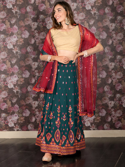 Rajwada Dark Green Sequins Embroidered Georgette Semi-Stitched Lehenga with Unstitched Blouse for Women