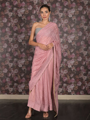 Rajwada Pink Stone Embellished Crepe Saree for Women