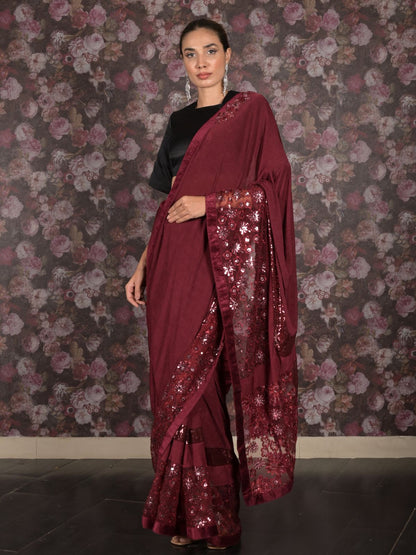 Rajwada Maroon Sequins Embroidered Lycra and Net Saree with Unstitched Blouse for Women