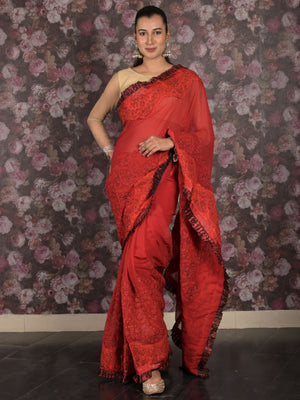 Rajwada Red Ruffled Georgette Saree With Unstitched Blouse For Women