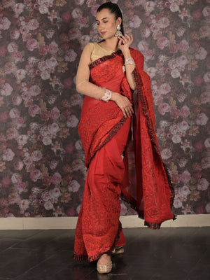 Rajwada Red Ruffled Georgette Saree With Unstitched Blouse For Women