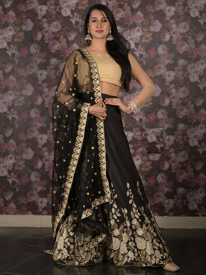 Rajwada Black Gold Thread Embroidered Semi-Stitched Polyester Lehenga with Unstitched Blouse for Women