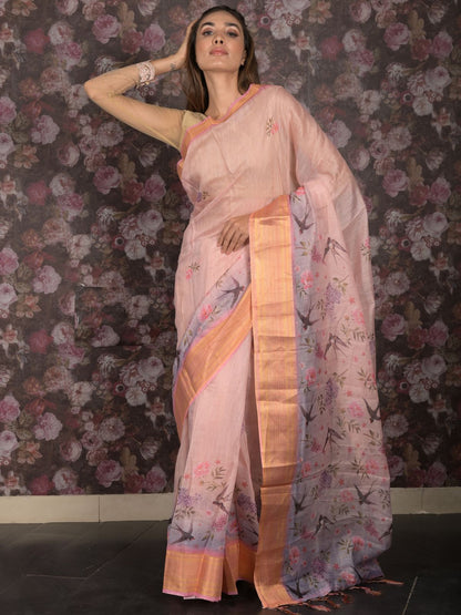 Rajwada Peach Floral Printed Cotton Blend Saree with Unstitched Blouse for Women