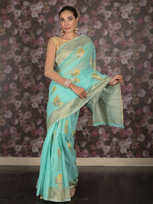 Rajwada Sea Green Cotton Blend Woven Saree with Unstitched Blouse for Women