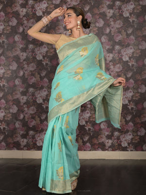 Rajwada Sea Green Cotton Blend Woven Saree with Unstitched Blouse for Women