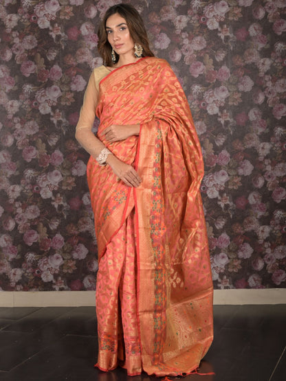 Rajwada Peach Tissue Silk Woven Saree with Unstitched Blouse for Women