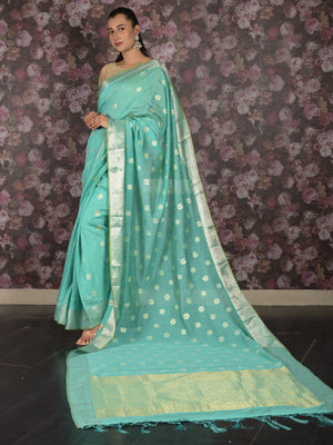 Rajwada Sea Green Woven Silk Blend Saree With Unstitched Blouse For Women