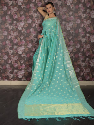 Rajwada Sea Green Woven Silk Blend Saree With Unstitched Blouse For Women