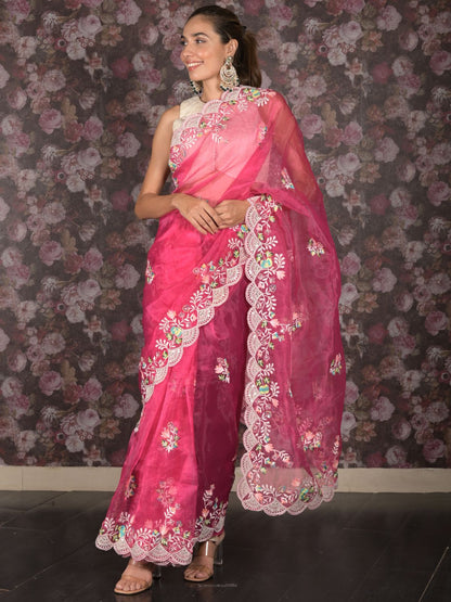 Rajwada Magenta Embroidered Organza Saree for Women