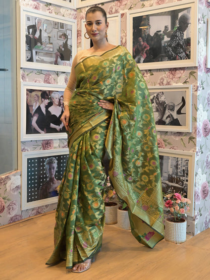 Rajwada Green Silk Blend Woven Saree with Unstitched Blouse for Women