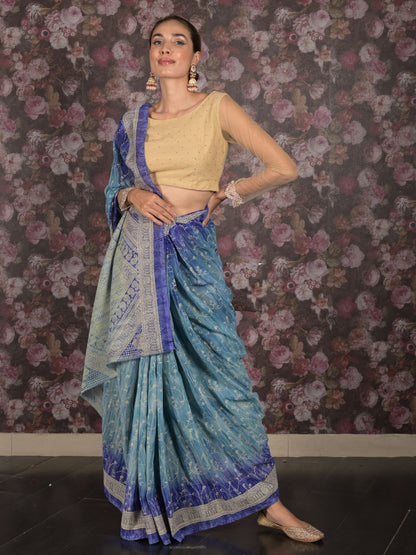 Rajwada Blue Printed Georgette Saree for Women