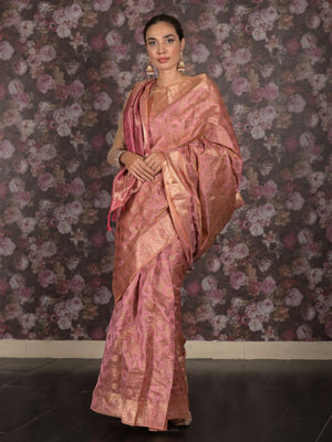 Rajwada Light Pink Silk Blend Woven Saree With Unstitched Blouse For Women