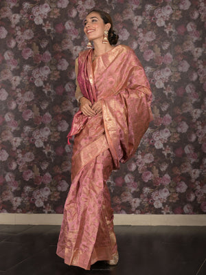 Rajwada Light Pink Silk Blend Woven Saree With Unstitched Blouse For Women