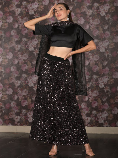 Rajwada Black Full Sequins Embroidered Stitched Velvet Lehenga with Unstitched Blouse for Women
